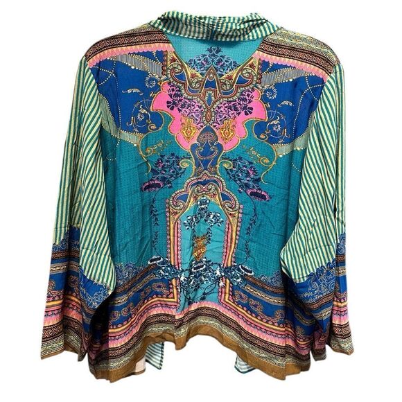 NWOT Bl^nk London Anthropologie Blue/Green Boho Cardigan Short Kimono - One Size - Picture 2 of 5